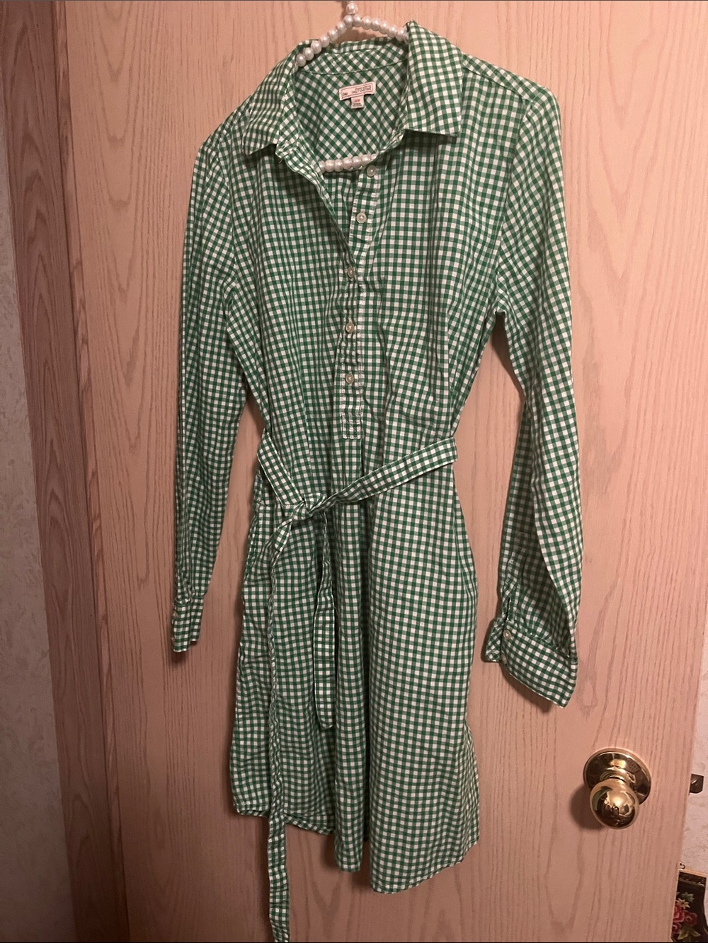 GAP Green Gingham Long Sleeve Shirt Dress with Tie